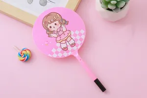 Detail view of a cute pink fan-shaped ballpoint pen with cartoon girl illustration.