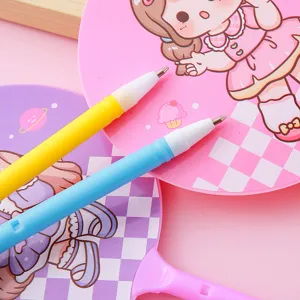 Detailed view of yellow and blue cute cartoon girl fan ballpoint pens for school stationery gifts