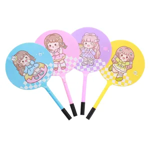 Four cute cartoon girl fan ballpoint pens in vibrant blue pink purple yellow colors