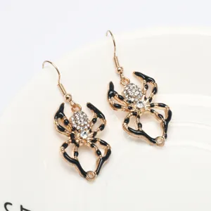 Halloween gothic spider rhinestone dangling earrings gold alloy black oil drop hook jewelry