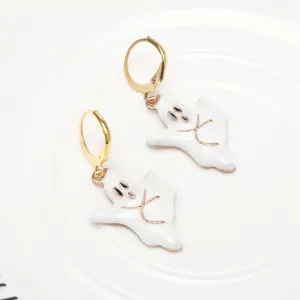 Halloween white ghost earrings, cute spooky drop earrings with gold leverback for women girls.