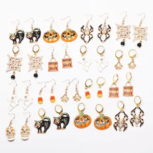 Halloween rhinestone earrings set featuring cute pumpkins, spooky ghosts, cats, and spiders.