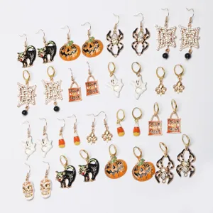 Halloween spooky earrings set with pumpkin, ghost, cat and spider charms for party decor.