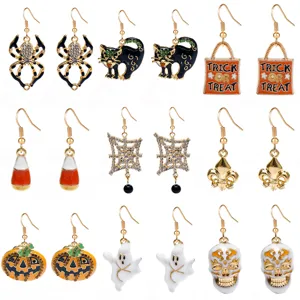 Halloween Theme Alloy Rhinestone Drop Earrings Spiders Pumpkins Skulls Ghosts Black Cat Fashion Jewelry Party Gift For Women