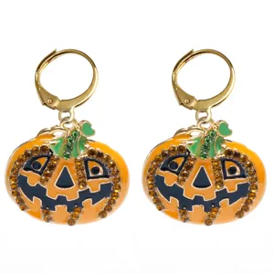 Halloween pumpkin earrings main image, cute orange rhinestone drop earrings for holiday party.