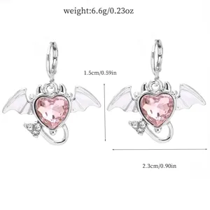 Pink crystal devil heart drop earrings for sweet girls, detailed size and weight specs.