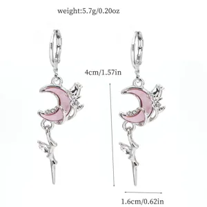 Detailed view of sweet pink moon rose alloy rhinestone drop earrings, size and weight specs.