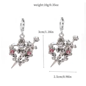 Sweet gothic heart and sword alloy rhinestone earrings with pink crystals for trendy girls.