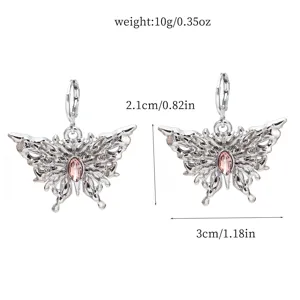 Silver alloy pink crystal butterfly earrings detail size and weight specification view