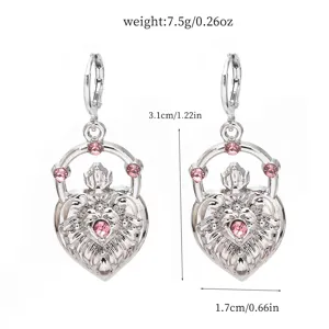 Cute sweet pink crystal alloy earrings with heart design, lightweight 7.5g and 3.1cm length.