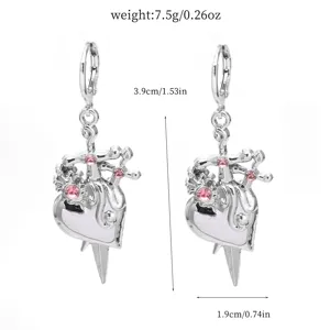 Silver gothic heart dagger drop earrings with pink rhinestones, sweet y2k jewelry for women.