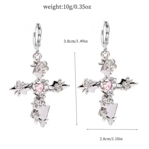 Trendy sweet rhinestone cross drop earrings with pink heart and rose design for women.