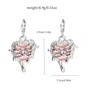 Cute Y2K pink heart butterfly alloy rhinestone drop earrings for sweet girls and daily wear.