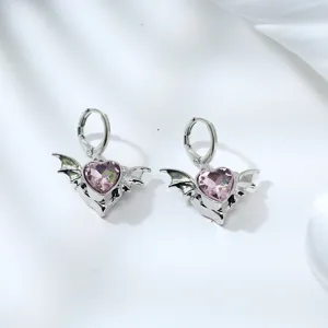 Charming pink heart crystal wing alloy earrings, cute y2k gothic detailed drop hoop jewelry.