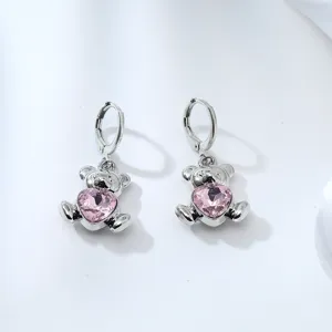 Cute pink crystal bear earrings, sweet style alloy crystal heart drop earrings for girls.