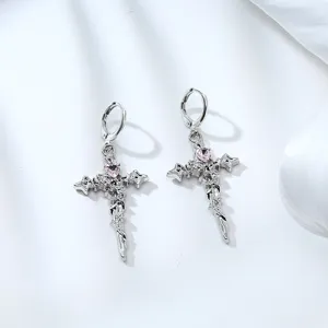 Y2K sweet cool pink heart crystal cross hoop earrings fashion silver metal jewelry