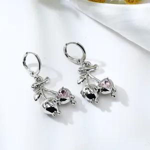 Cute pink crystal heart dangle earrings, sweet silver alloy drop earrings for women girls.