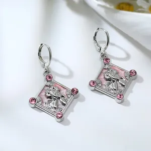 Cute pink crystal diamond square earrings sweet Y2K style angel charm alloy drop earrings