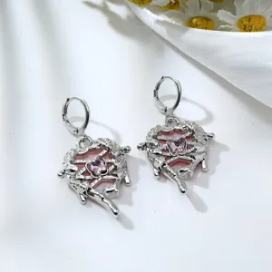 Cute Y2K pink crystal butterfly heart alloy drop earrings sweet style detail shot close up.