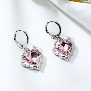 Cute pink crystal heart earrings, sweet style silver alloy fashion jewelry for women.