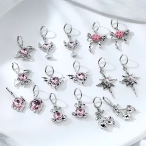 Sweet pink rhinestone alloy earrings, cute heart, bow, and bear detail view for women.