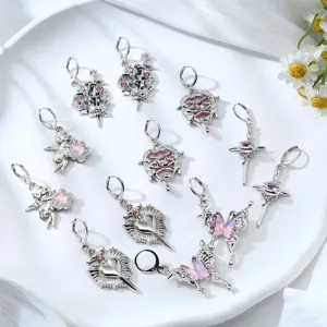 Cute sweet girl pink rhinestone alloy earrings set featuring cross butterfly and heart detail.
