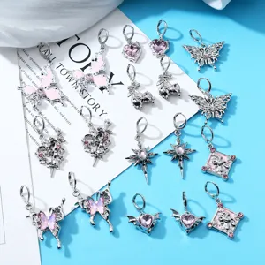Y2K sweet cool pink rhinestone alloy earring charms butterfly heart cross detail view.
