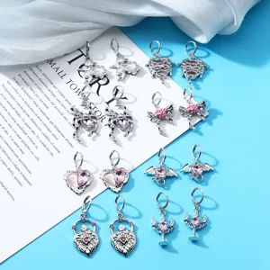 Cute pink rhinestone alloy dangle earrings detailed close-up shot showing sweet kawaii styles.
