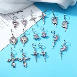 Trendy alloy rhinestone earrings with cute cross heart and teddy bear designs for sweet girls.