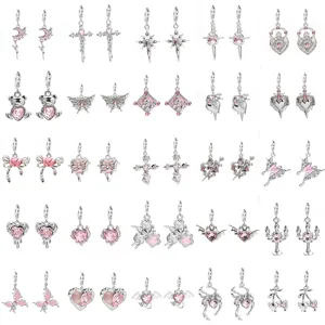 Sweet Cute Pink Rhinestone Zinc Alloy Stud Earrings Y2K Style Heart Cross Butterfly Women Jewelry