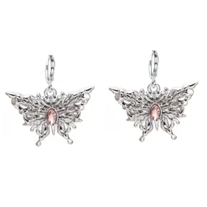 Silver butterfly rhinestone earrings, sweet y2k style pink crystal metal hoop jewelry.