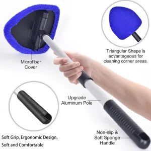 Extendable car windshield cleaning tool with microfiber cover and ergonomic handle feature