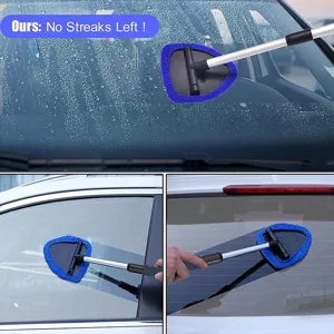 Car windshield cleaning tool with telescopic handle and blue microfiber head for auto windows.