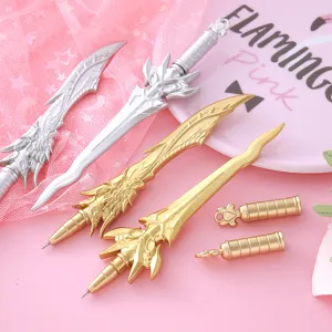 Creative weapon-shaped neutral pens in gold and silver sword designs for students.