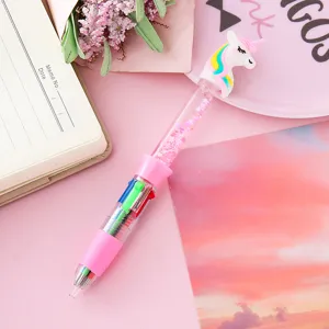 Unicorn 4-color ballpoint pen with pink quicksand and star glitter for cute stationery gift.