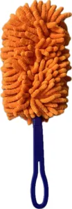 Orange chenille duster with blue handle, washable reusable replacement head for cleaning.