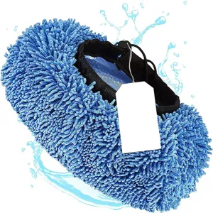 Gant de lavage de voiture en microfibre chenille bleue avec bande elastique et fibres.