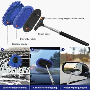 3-in-1 car windshield cleaner with telescopic handle, chenille brush and rubber squeegee.