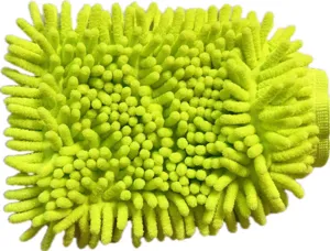 Bright green chenille car wash mitt detail, thick coral velvet design for scratch-free cleaning.