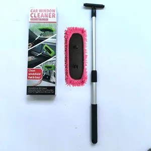 Extendable car window cleaner tool detail view, microfiber brush head and adjustable handle.