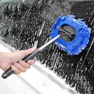 Telescopic car windshield cleaner with blue chenille head and squeegee for window defogging