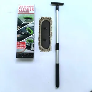 Extendable car window cleaner tool with microfiber pad and box for interior glass fog removal.
