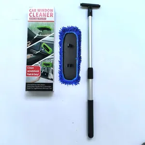 Extendable car window cleaner tool with microfiber head and handle for clean windshield.