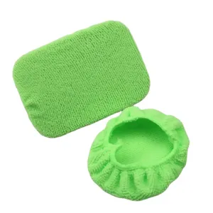 Set di coperture per pulizia auto in microfibra verde con cuscinetto e cuffia rotonda.