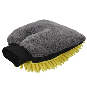 Dual-sided car wash mitt with ultra-absorbent chenille and coral fleece for auto cleaning.