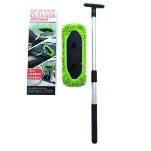 Extendable car windshield cleaner tool with microfiber pad and box for easy cleaning and fog removal.