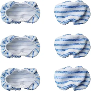 Detail view of reusable microfiber mop replacement pads, soft blue and white striped cloth.