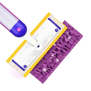 Vista cercana detallada de la mopa eléctrica morada y blanca con almohadilla de microfibra.