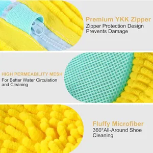 Vue détaillée du sac de lavage pour chaussures avec fermeture éclair YKK et microfibre douce.