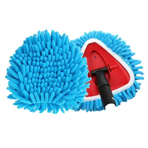 Cabezal de fregona de felpilla azul de repuesto con base triangular roja, microfibra suave y eficiente.